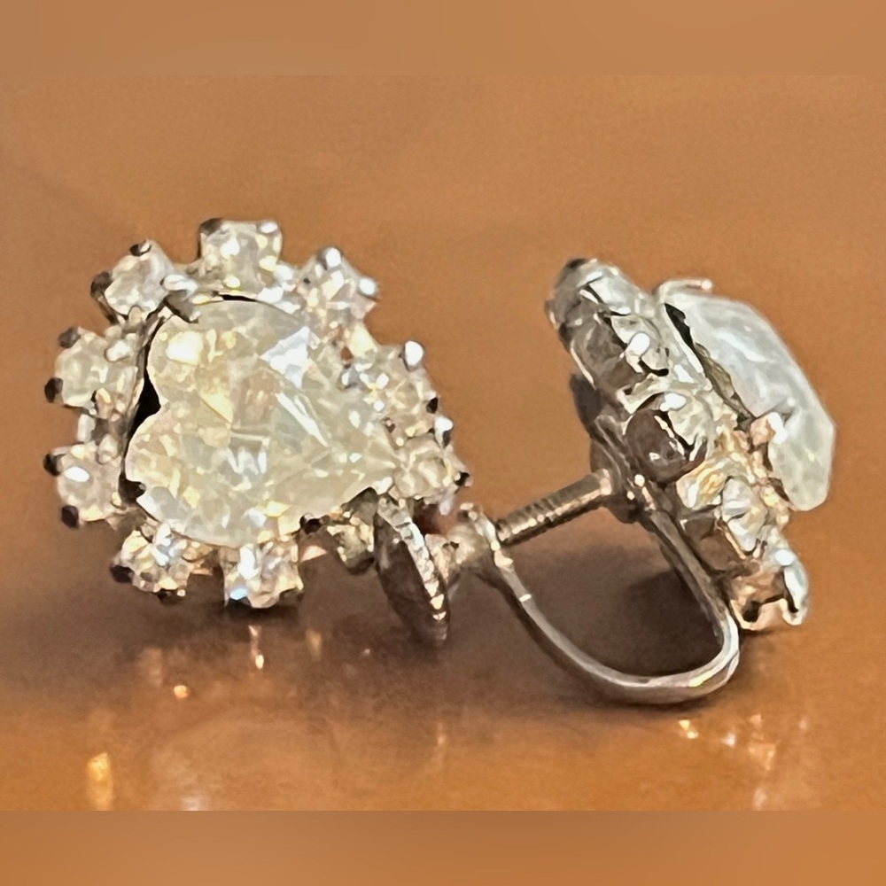 Vintage 1950s Heart-Shaped Crystal Halo Screw-Back Earrings